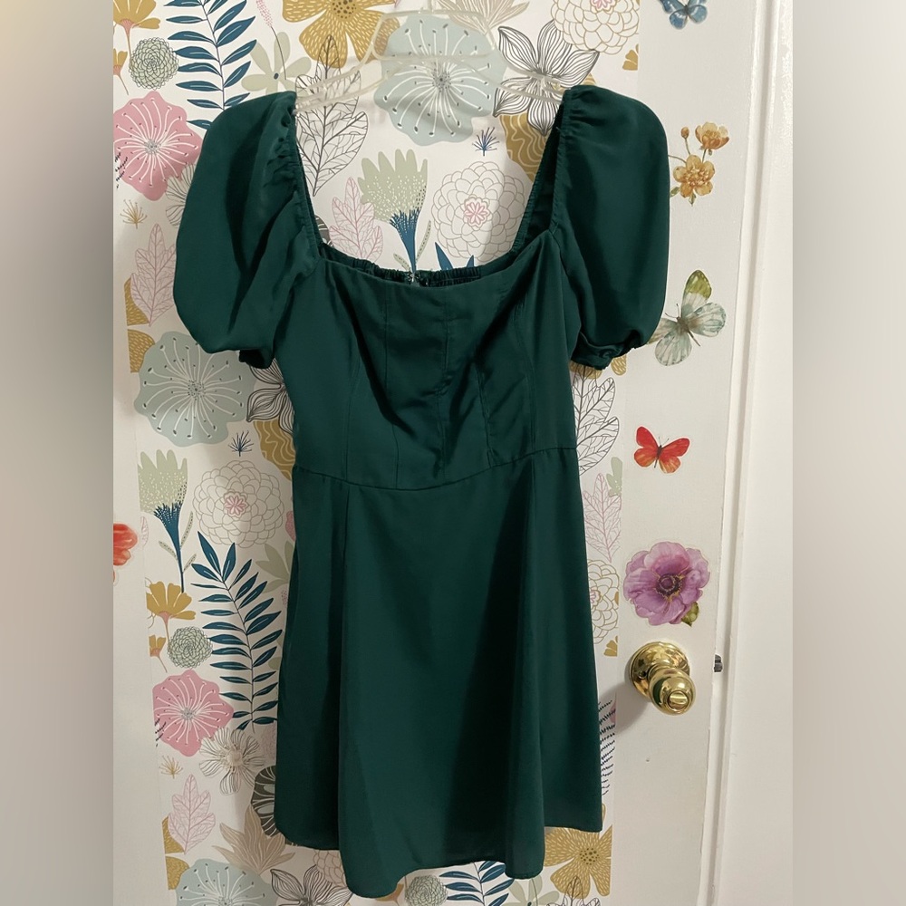 Abercrombie and Fitch emerald green corset like style puff sleeve mini dress